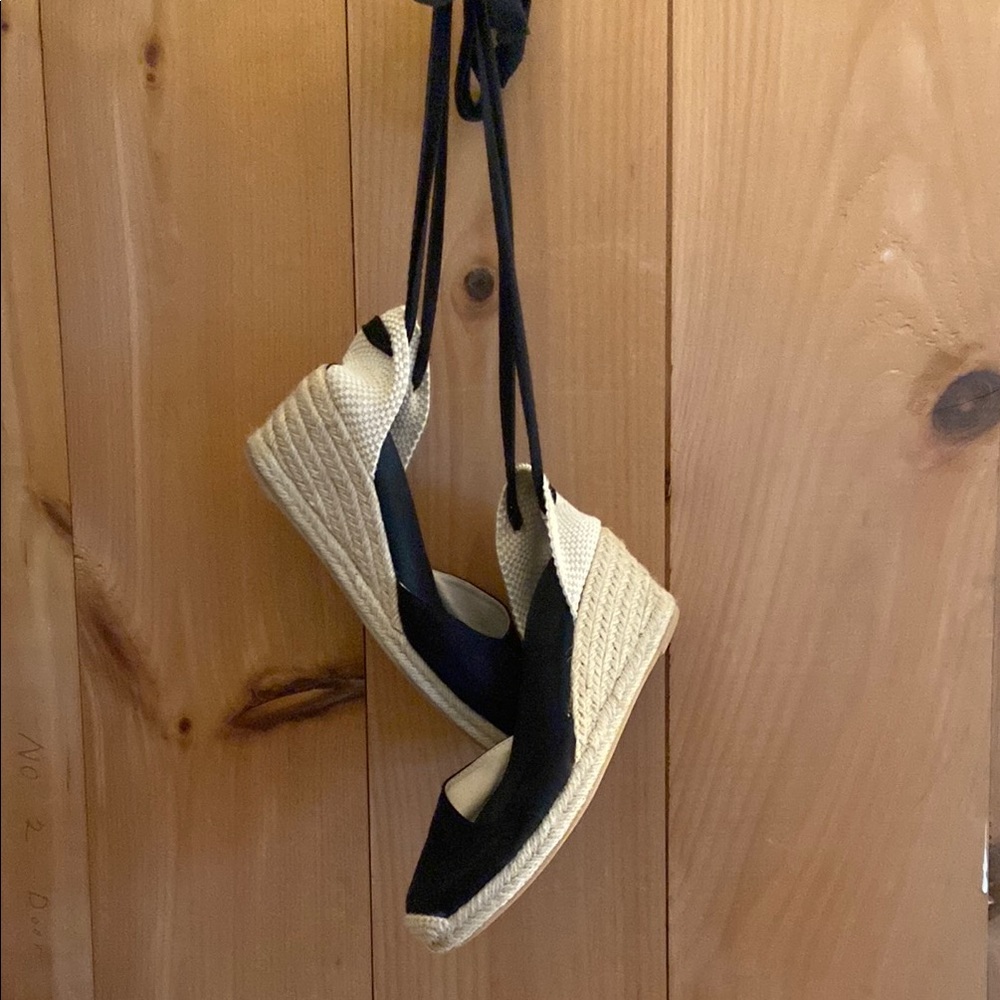 Black and Cream Espadrille Wedge Sandals